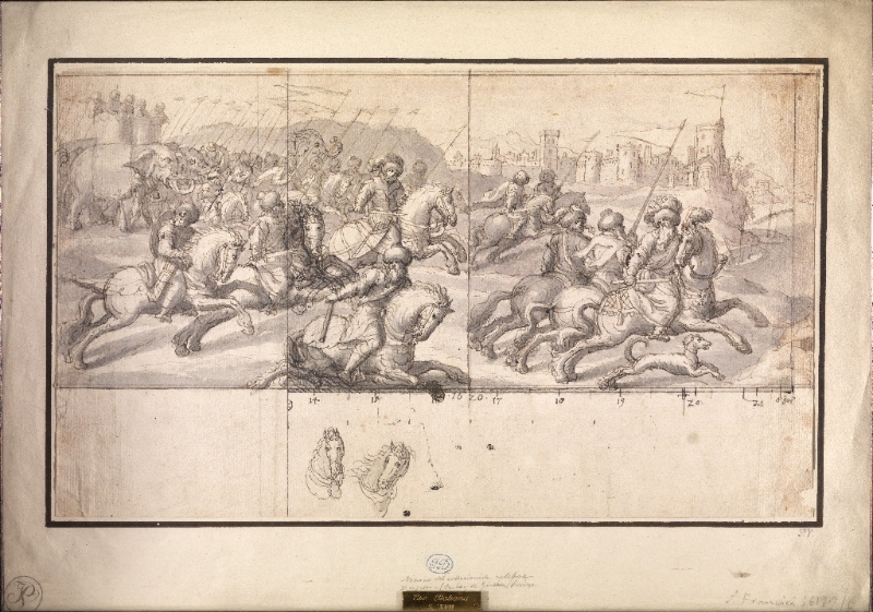 FRANCINI-Escuela italiana, S.XVII. Batalla antigua con elefantes, dibujo a tinta y papel
