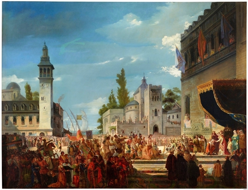 El 3 de abril de 1493 Cristótal Colón fue recibido por los Reyes Católicos en Barcelona, a la vuelta de su primer viaje. Óleo sobre lienzo. Autor: Francisco García Ibáñez, 1845. Museo del Ejército.