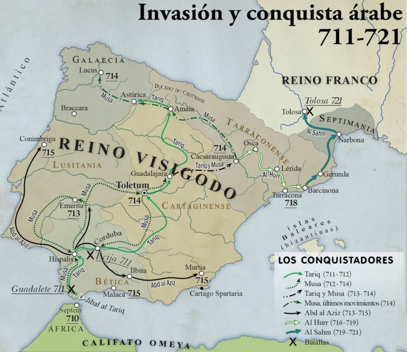 Mapa de la invasión y conquista árabe de la Península Ibérica