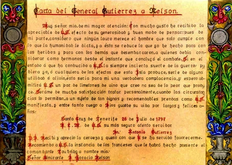 Carta de respuesta del General Gutiérrez Otero, Gobernador de Tenerife, a Nelson. Museo del Ejército.