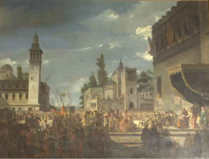 Cristóbal Colón es recibido en Barcelona por los Reyes Católicos, tras su descubrimiento y regreso a España. Óleo sobre lienzo de Drancisco García Ibáñez, 1858. Museo del Ejército.