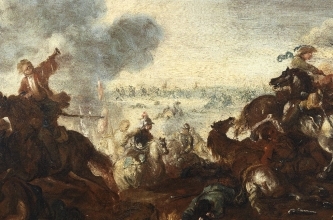 Autor Jacques Courtois del siglo XVII, escena de batalla con artillería