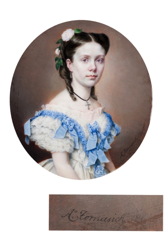 Retrato-miniatura de la infanta Isabel Francisca de Asís, hija primogénita de Isabel II. A.Tomasich.Museo del Ejército.